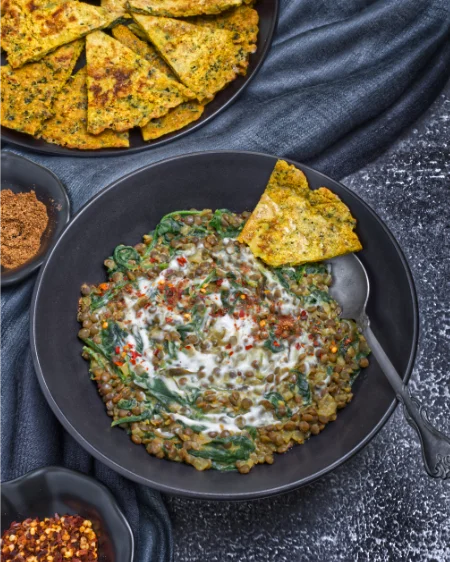 Vibrant Green Spinach Dal with Kale-Infused Flatbread